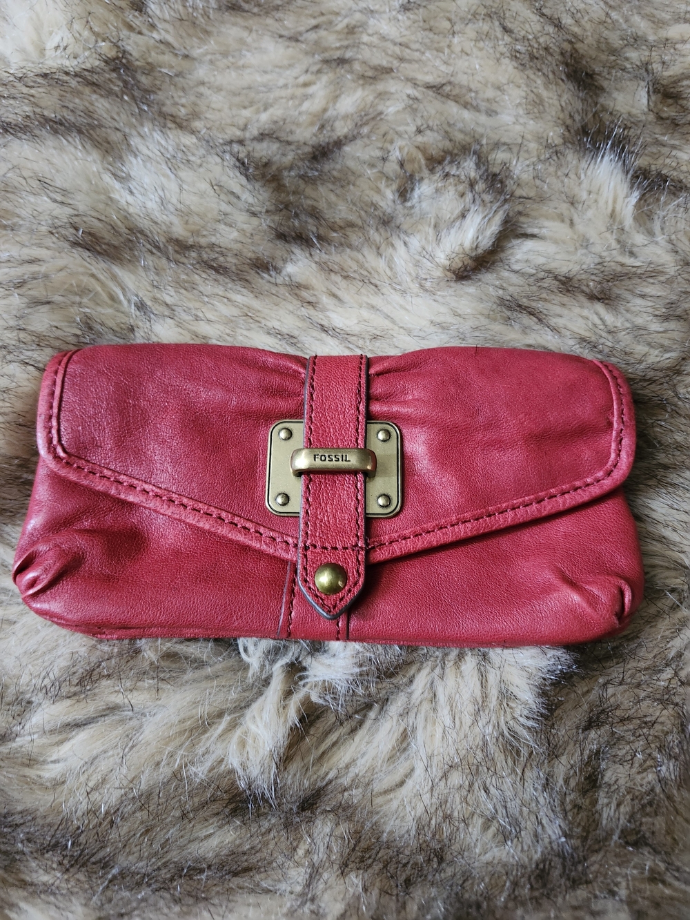 Fossil Red Leather Clutch with Brass Accent